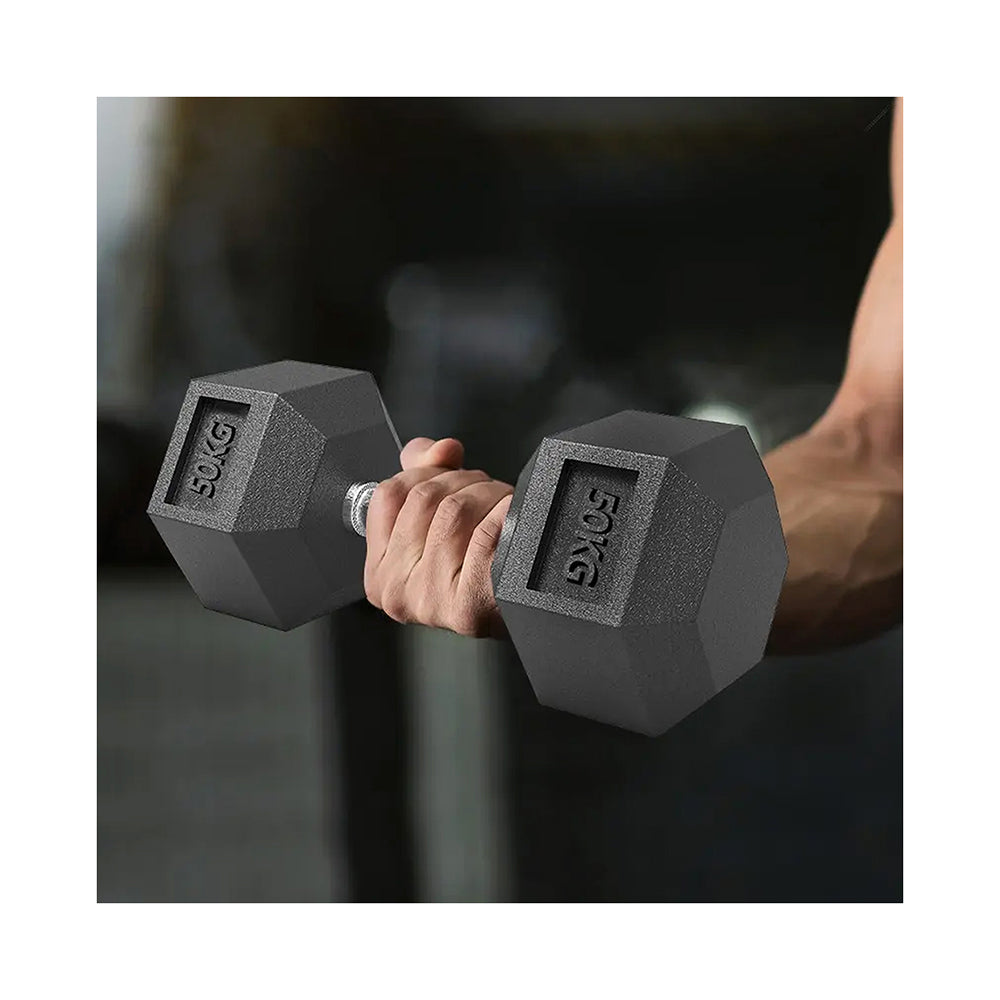 Rubber-coated hex dumbbells with black hex heads and textured chrome handle, weight labels visible