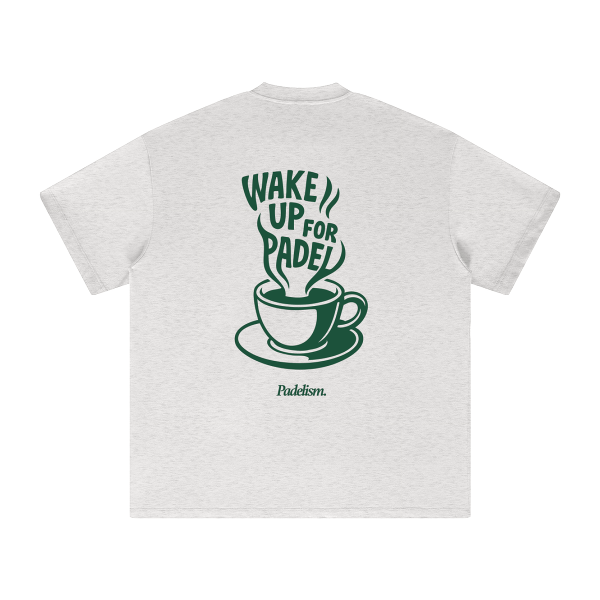 Light gray heavyweight t-shirt, back graphic with cup and "Wake up for Padel"
