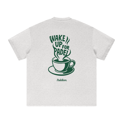 Light gray heavyweight t-shirt, back graphic with cup and "Wake up for Padel"