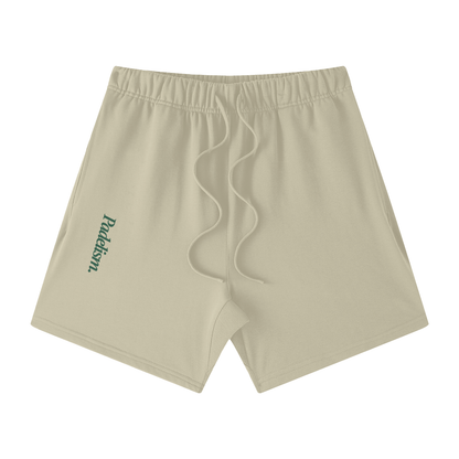 Pale olive off-court shorts with elastic waistband, drawstring, and side logo patch
