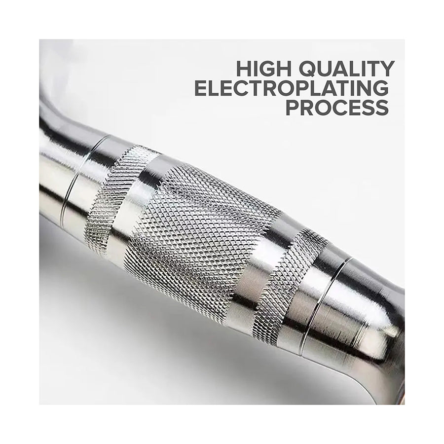Rubber-coated hex dumbbell handle, chrome knurled grip section with ridged pattern