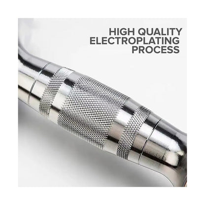 Rubber-coated hex dumbbell handle, chrome knurled grip section with ridged pattern