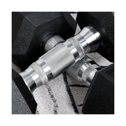 Rubber-coated hex dumbbell pair, close-up of black hex heads and chrome knurled handles