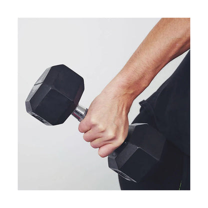 Rubber-coated hex dumbbell pair in hand grip, black heads with chrome handle