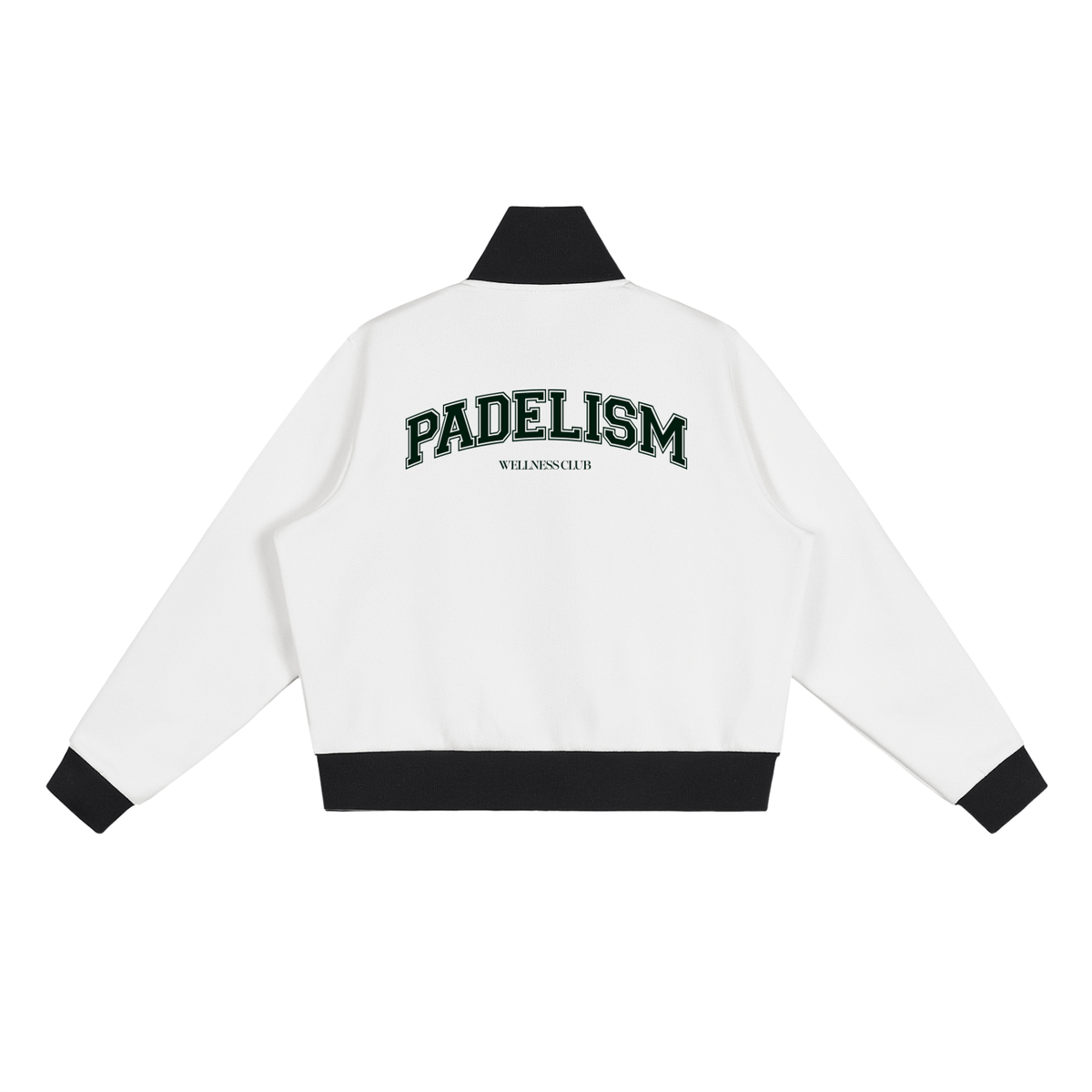 White track jacket (back view) with green Padelism logo and black hem trim
