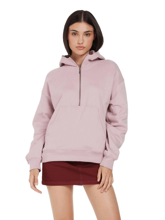 Women’s organic half-zip hoodie in pale mauve pink, hooded with front kangaroo pocket.