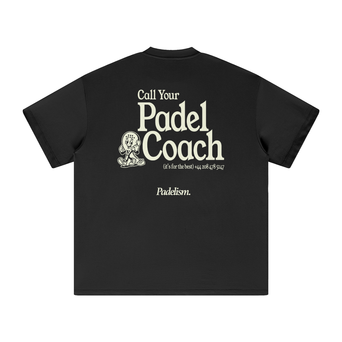 Heavyweight T-shirt, black, back graphic Call Your Padel Coach and Padelism