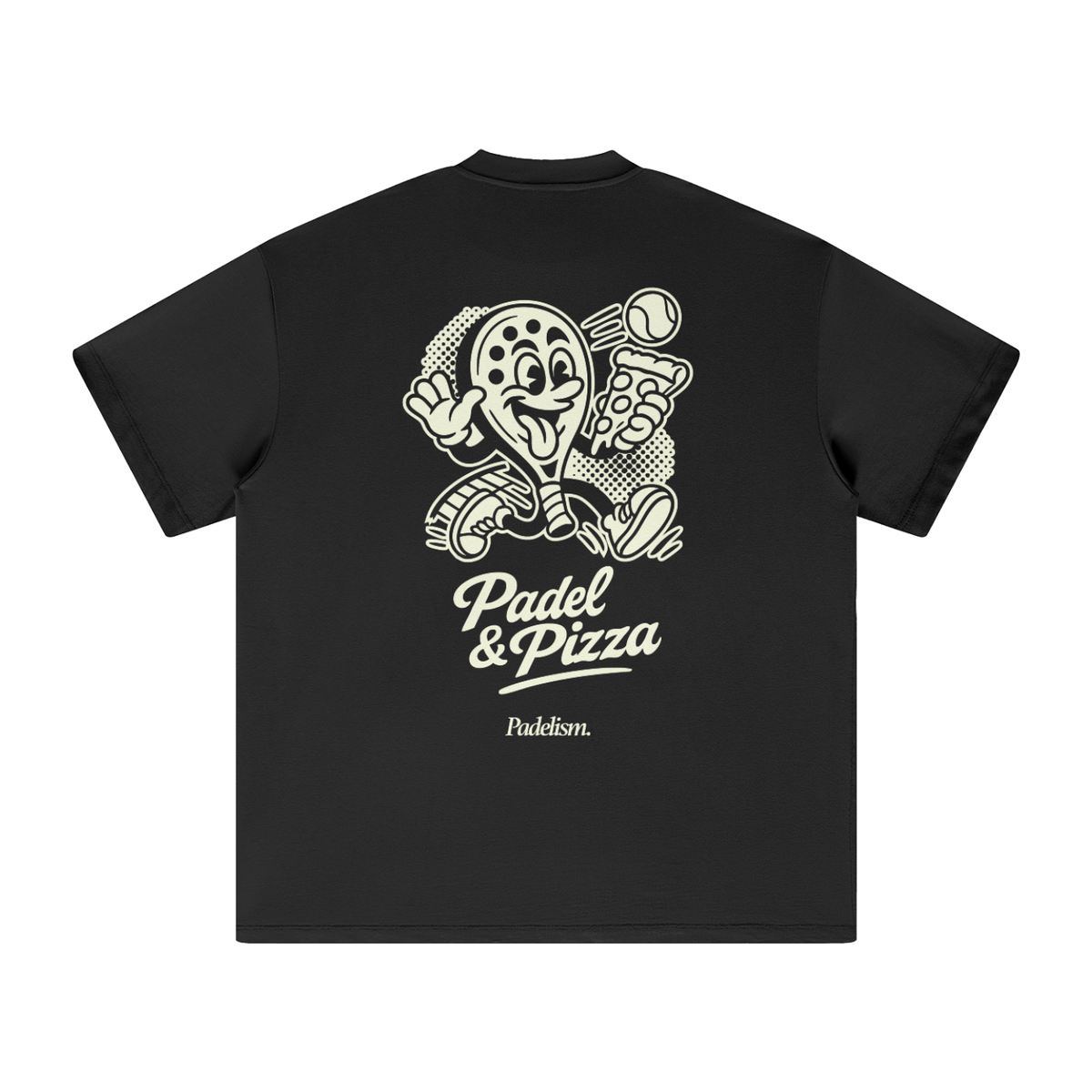 Black heavyweight T-shirt with 'Padel & Pizza' back graphic and 'Padelsim' logo
