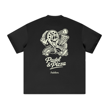 Black heavyweight T-shirt with 'Padel & Pizza' back graphic and 'Padelsim' logo