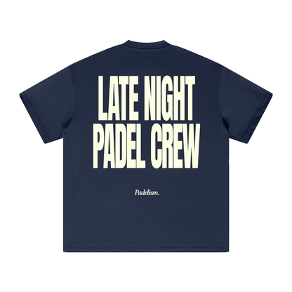 Heavyweight navy T-shirt with 'LATE NIGHT PADEL CREW' graphic on back