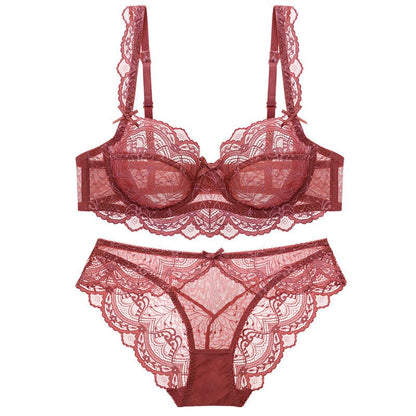 Wine red sheer lace bra and panty set with underwire and scalloped trim