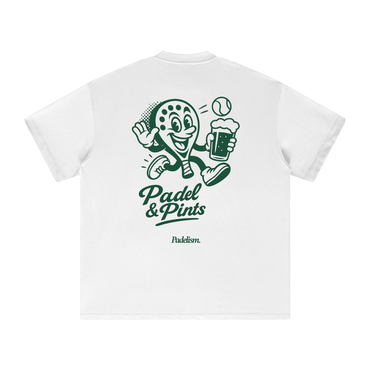 White heavyweight T-shirt, back graphic of padel player holding beer