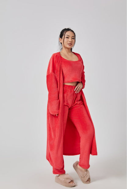 Women’s red 3-piece lounge set with crop top, drawstring pants, long robe.