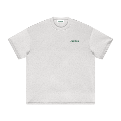 Heather gray heavyweight T-shirt, front with small blue chest logo