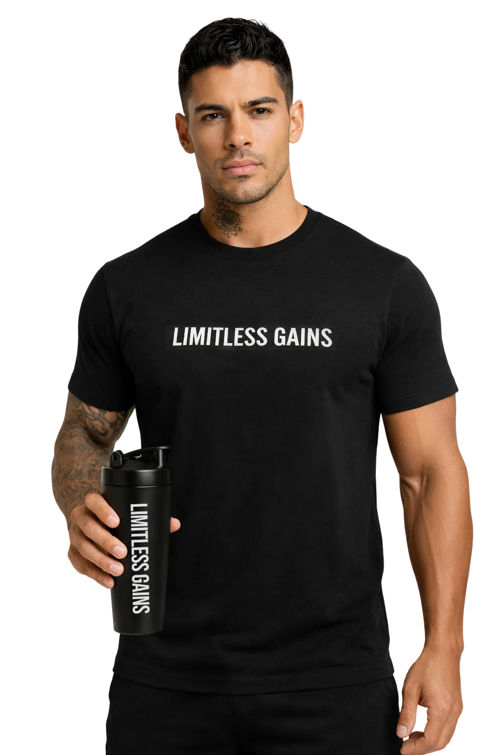 Black protein shaker bottle held by a man in a black T-shirt