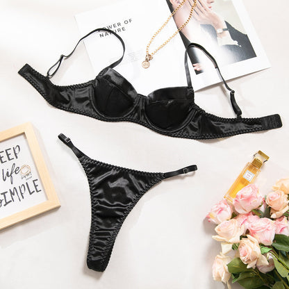 Black satin French bra and thong set, matching underwire bra and string bottoms