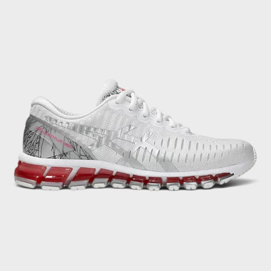 White mesh running shoe with red accents, lace-up, cushioned sole