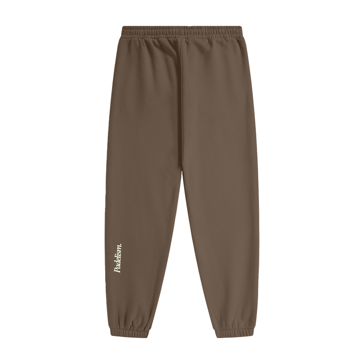 Dark brown heavyweight fleece joggers with elastic waist and drawstring; Padelism logo