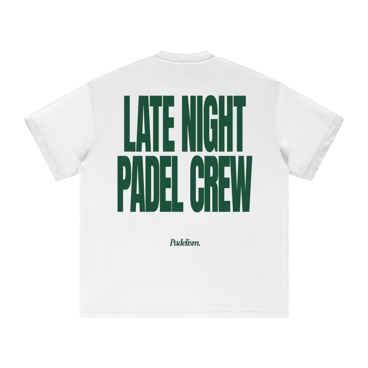 White heavyweight crew-neck T-shirt, back green 'LATE NIGHT PADEL CREW' graphic