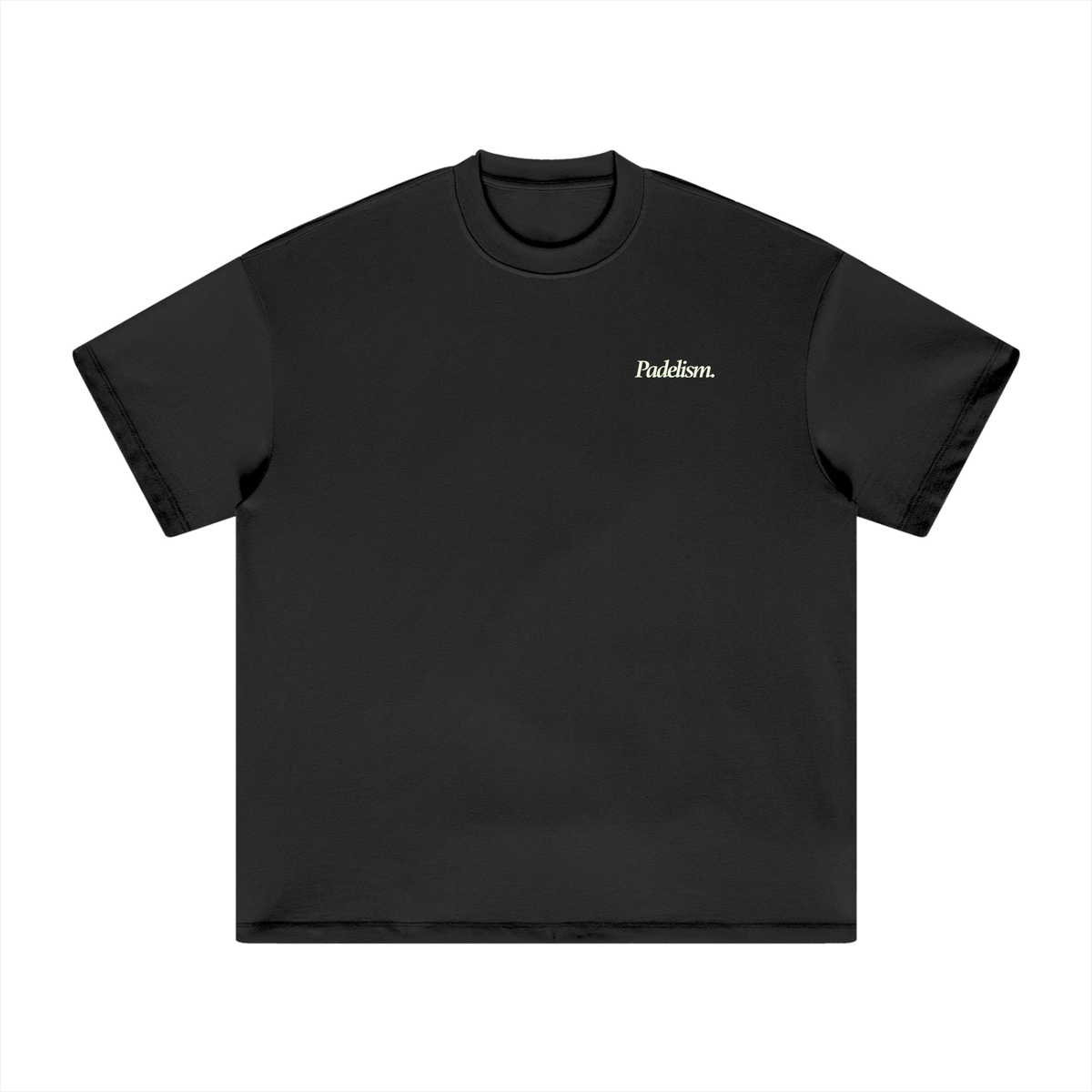Black heavyweight T-shirt, front with small blue chest logo