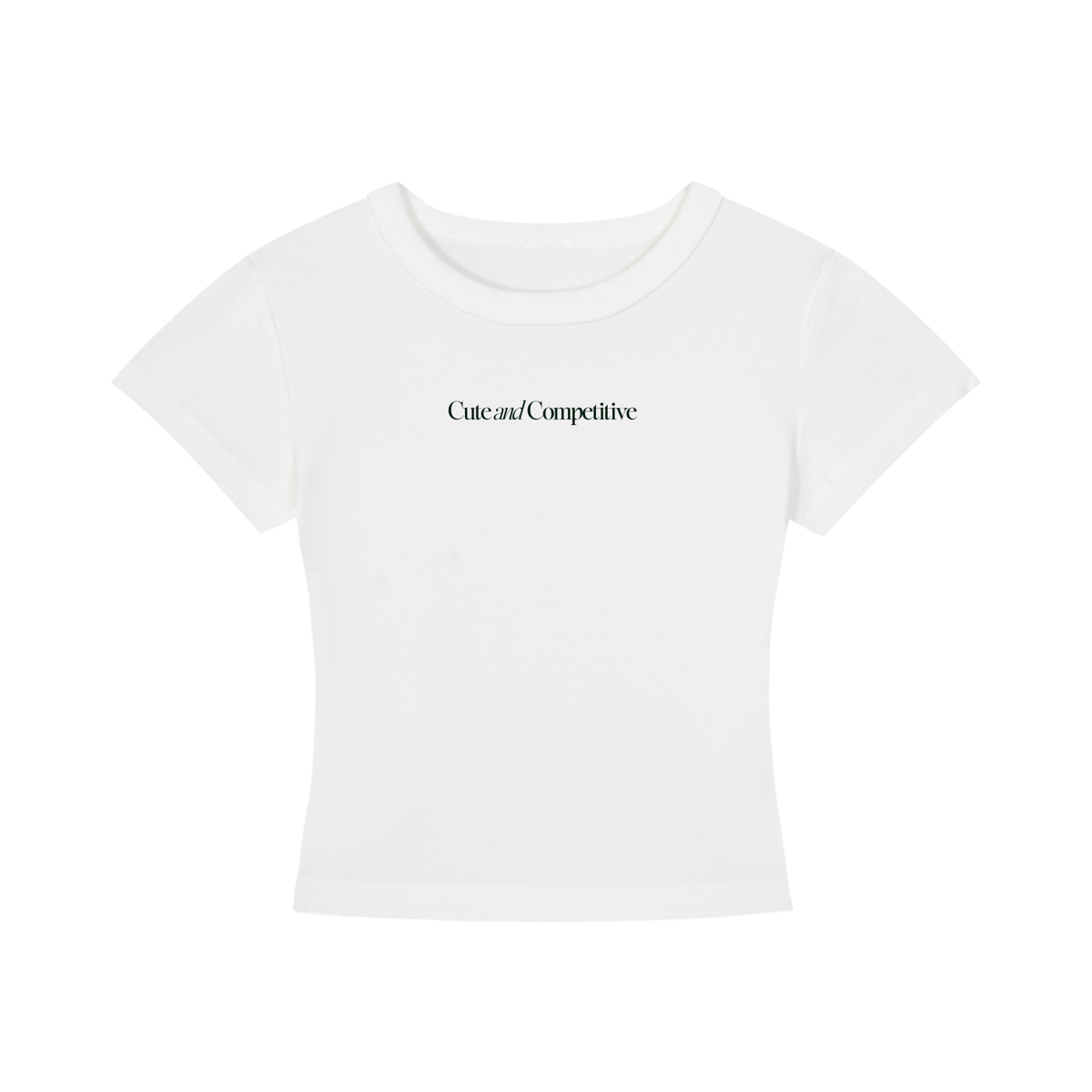 White cropped T-shirt flat lay with crew neck and short sleeves; small chest slogan print