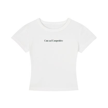 White cropped T-shirt flat lay with crew neck and short sleeves; small chest slogan print