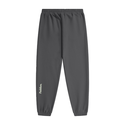 Dark gray heavyweight fleece joggers with elastic waist and drawstring; Padelism logo