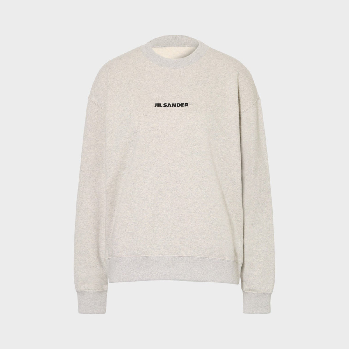 Light grey crewneck sweatshirt with chest logo, long sleeves and ribbed cuffs