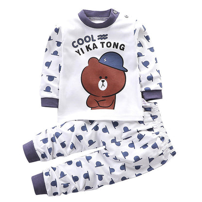 Children's underwear set in white and navy with bear graphic long-sleeve top and patterned pants