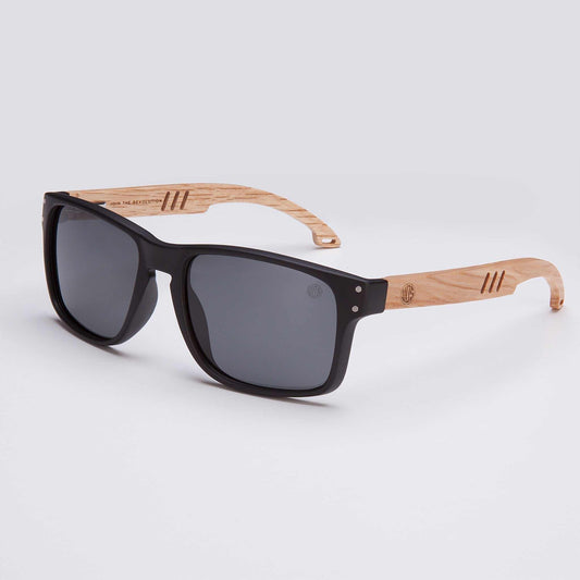 Men's polarised sunglasses with black frames and real wood arms, dark lenses