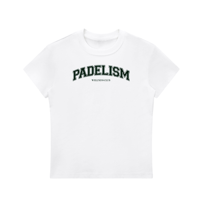White crewneck T-shirt with green Padelism logo graphic