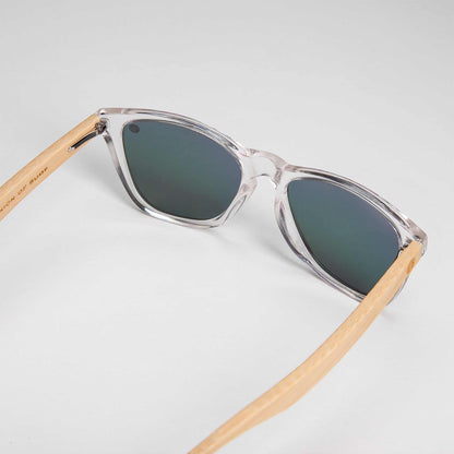 Eco friendly sunglasses with clear frame, dark lenses, and bamboo-style temples