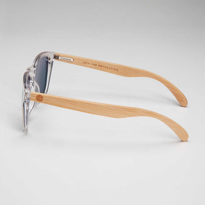 Eco friendly sunglasses side view with clear frame and bamboo-style temples