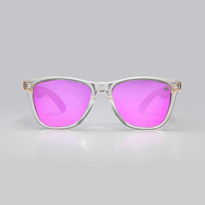 Eco friendly sunglasses, clear frame with bright pink mirrored lenses