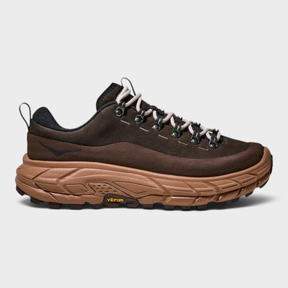 Brown trail sneaker with dark accents, lace-up front, thick cushioned sole