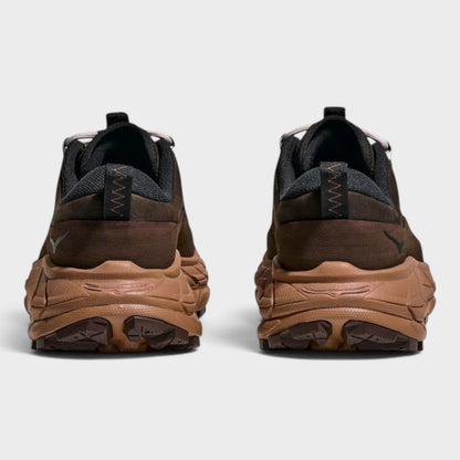 Brown lace-up trail sneaker rear view with cushioned chunky sole