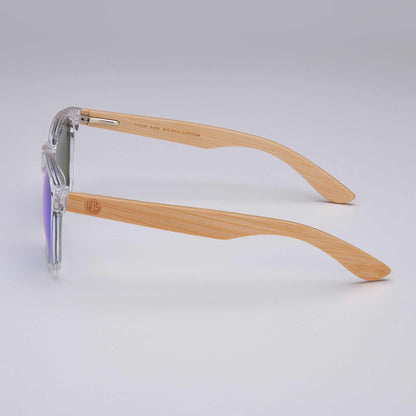 XL sunglasses top view with clear frame and wood-look temple arms