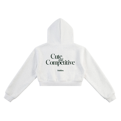 Light gray cropped hoodie with hood and large printed back slogan