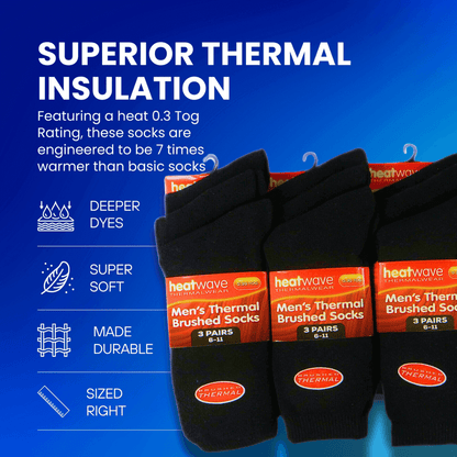 Heatwave Thermalwear Mens Black Thermal Socks 24 Pairs Double Brushed Knit Insulated For Cold Weather Work Boots Extra Warmth