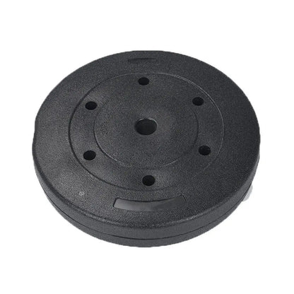 Black cast iron weight plate with 1-inch center hole and five mounting holes