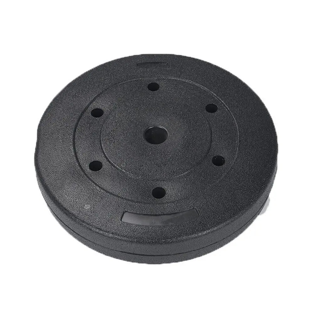 Black cast iron weight plate with 1-inch center hole and five evenly spaced mounting holes