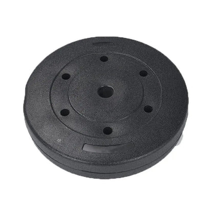 Black cast iron weight plate with 1-inch center hole and five evenly spaced mounting holes