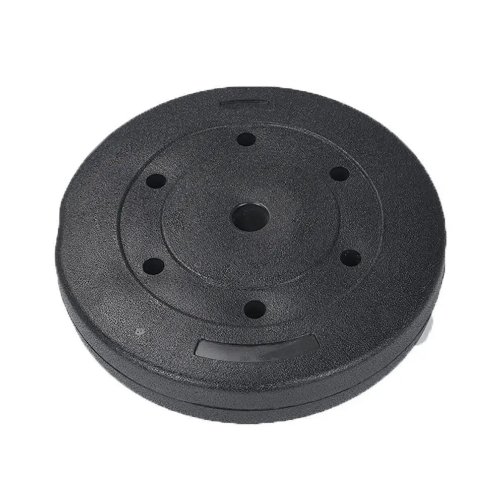 Black cast iron weight plate with textured face, 1-inch center hole and five mounting holes