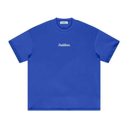 Royal blue heavyweight T-shirt with crew neck and small chest logo text, short sleeves