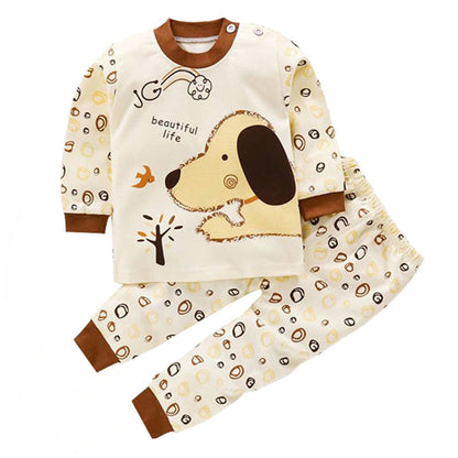 Children's underwear set in cream with dog graphic long-sleeve top and patterned pants