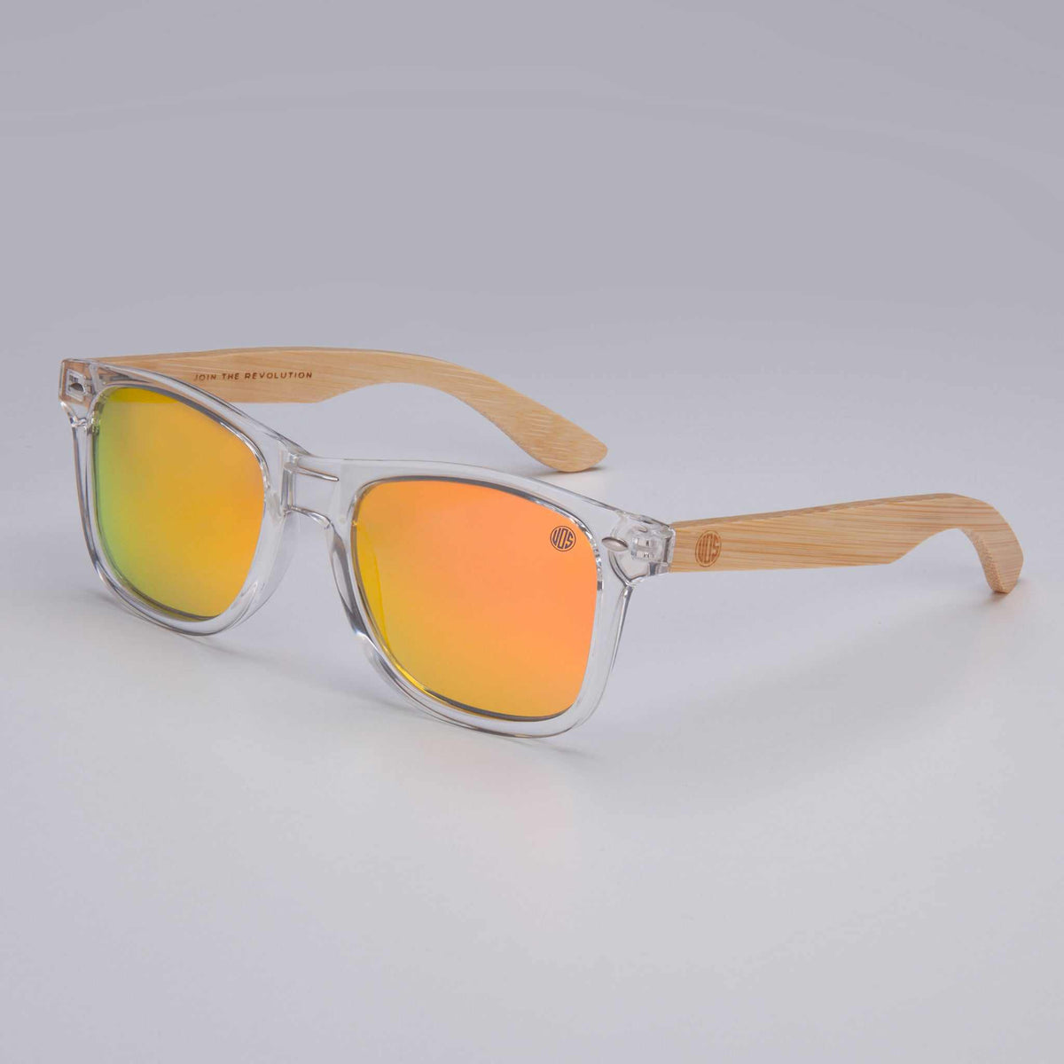 XL sunglasses with clear frame and orange mirrored lenses, wood-look temple arms