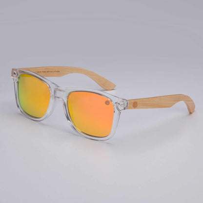XL sunglasses with clear frame and orange mirrored lenses, wood-look temple arms