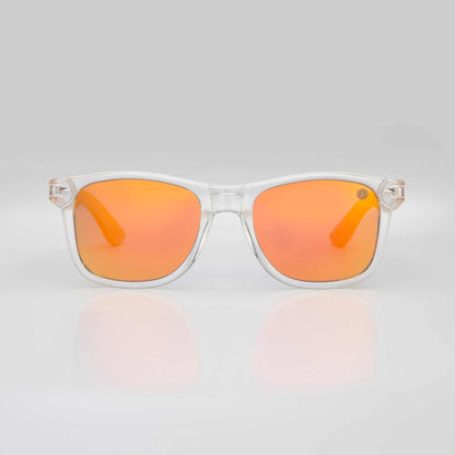 XL sunglasses with clear frame and orange lenses, bamboo-style arms