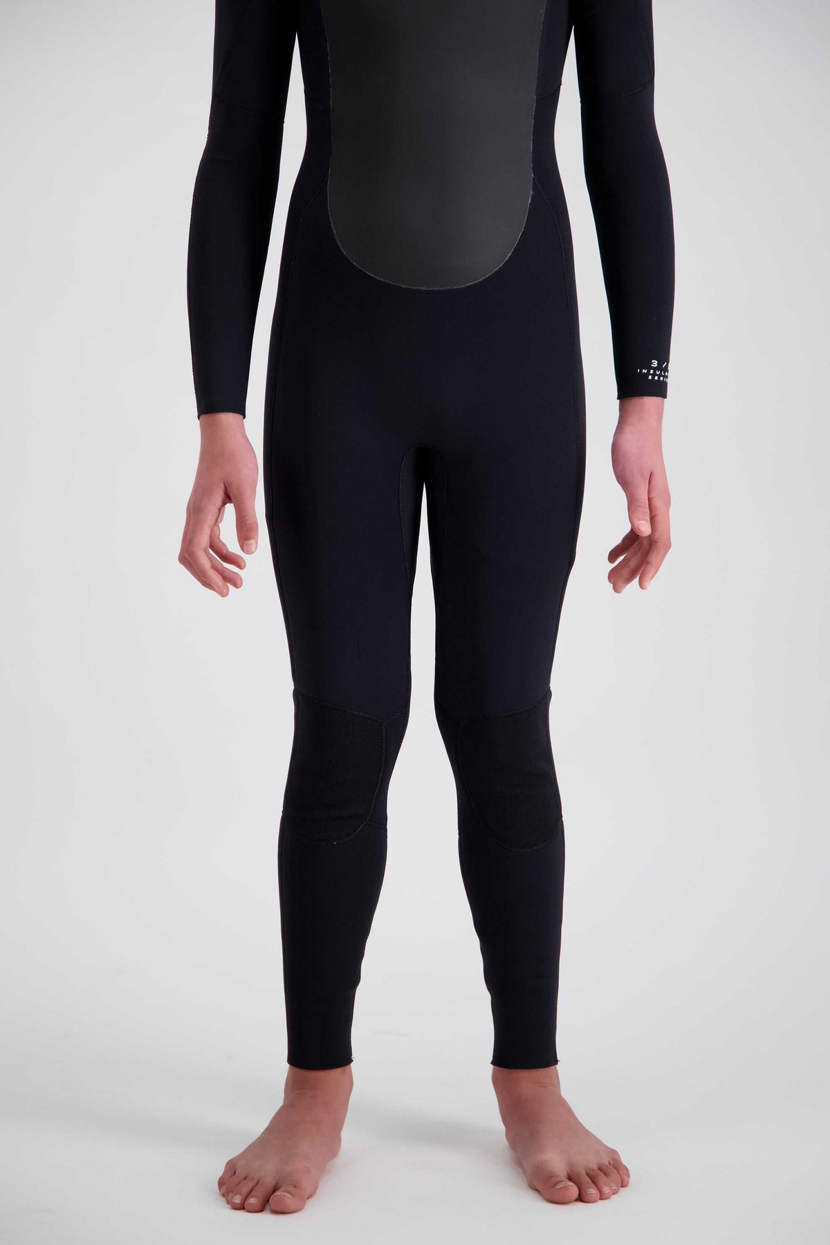 Youth 4/3 chest-zip steamer wetsuit, black with dark gray chest and upper back panel