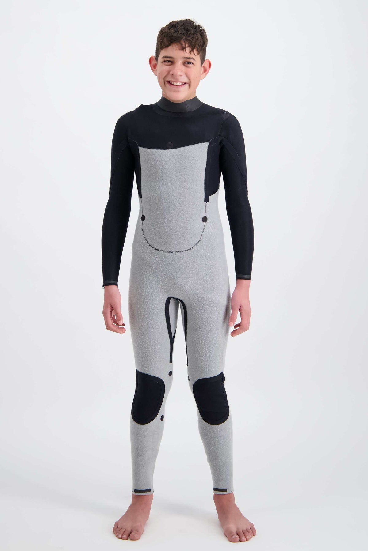 Youth 4/3 chest-zip steamer wetsuit, gray front with black sleeves, fitted wetsuit legs